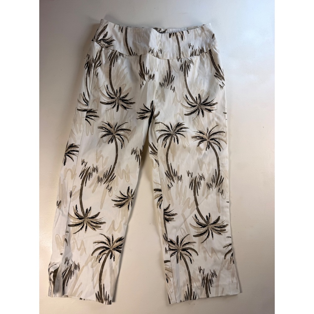 Lulu-B Palm‎ Tree Print Pants Women Size 2 White Tan Excellent Y2K Tropical Slit
